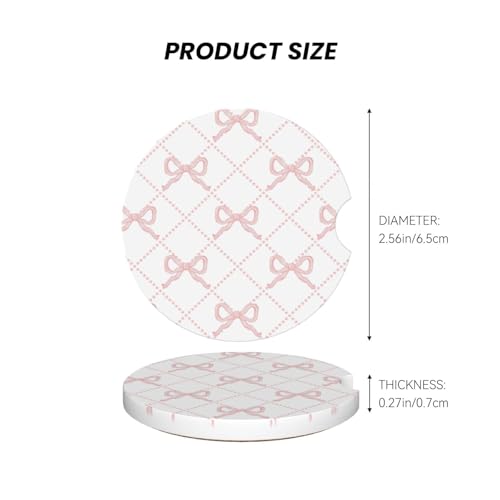 Image of Pink Bow Car Coasters for Cup Holder Absorbent Ceramic Cup Coaster 2 Pack Anti Slip Car Interior Accessories with Finger Notch Cork Base for Women Men 2.56 inch