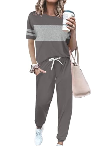 KBKBSN Women 2 Piece Outfits 2026 Summer Casual Tracksuit Short Sleeve Sweatpants Lounge Sets Travel Sweatsuits with Pocket Dark Grey M
