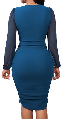 Image of SeNight Women Church Dress Sexy V Neck Dresses Bodycon Black Long Sleeve Mini Dresses