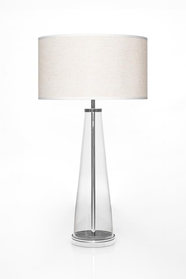 MY Furniture Modern Glass Table Lamp β Tapered Clear Glass Base with Polished Chrome Accents and Neutral Fabric Shade β Contemporary Lighting for Living Room, Bedroom or Office