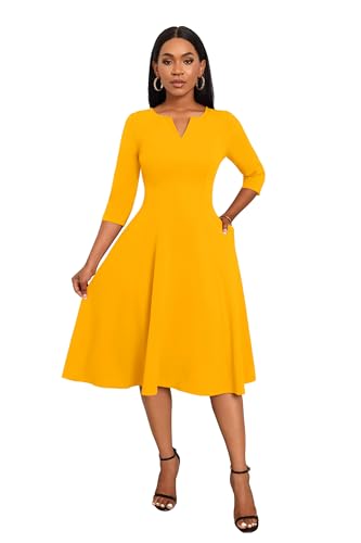 Image of Nmoder Midi Dresses for Women A-Line Fit and Flare Dress 3 /4 Sleeve V Neck Cocktail Wedding Guest Work Dress with Pockets