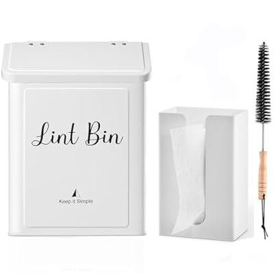 SUBEKYU Magnetic Lint Bin and Dryer Sheet Holder Set for Laundry Room, Metal Lint Trash Can with Lid and Lint Box Magnetic for Mounting on Dryer,Wall Mount Lint Bin for Laundry Room,White