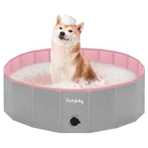 Furrybaby Dog Pool, Kiddie Pool with Hard Plate Collapsible Pet Bath Foldable Swimming Pet Pool Portable Pink 39'' 39*12inch Grey,pink