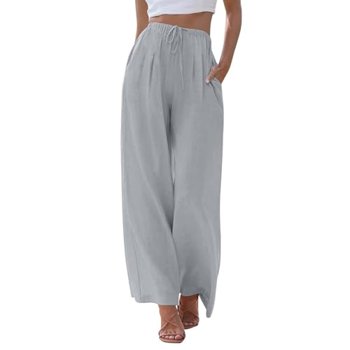 Flowy Wide Leg Linen Pants Women Summer Baggy Beach Vacation Palazzo Pants Casual High Waisted Pants with Pockets