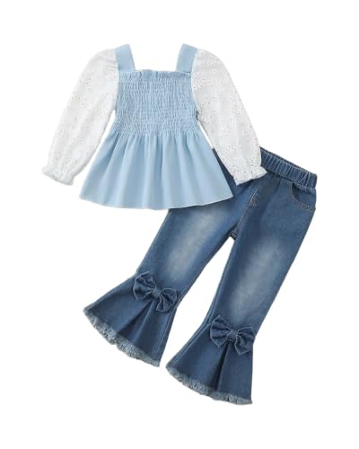 Image of Kucnuzki Toddler Kids Girl Clothes Long Sleeve Shirt Tops Baggy Jeans Cute Pants Set Baby Girl Outfit 2 Piece Clothing