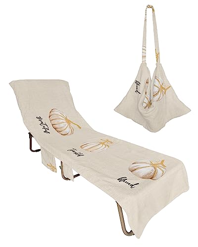 Thanksgiving, Beach Lounge Chair Towel Cover, Soft Chaise Lounge Towel with Side Pockets Patio Pool Chairs Cover for Beach/Pool Sunbathing 29x85 Luxurious White Gold Pumpkins Watercolor