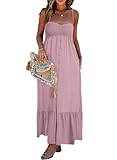Dokotoo Womens Spring Summer Casual Sleeveless Cruise Sun Dress Smocked Elastic Button Up A-Line Spaghetti Straps Loose Pockets Ruffle Maxi Dresses Beach Vacation Outfits for Women 2025 Pink Small