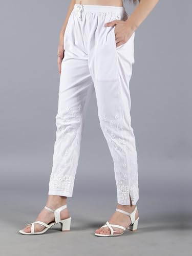 Image of Seva Chikan Hand Embroidered Lucknowi Chikankari White Cotton Palazzo Pant for Women SCL11016