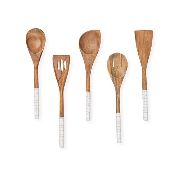 Folkulture Wooden Spoons for Cooking or Kitchen Utensil Set, Non Stick Cookware with Wooden Spoon, Wooden Spatula, Fork, Slotted Turner, Corner Spoon, Set of 5, 12 Inch, Wood, White Check Folkulture Wooden Spoons for Cooking or Kitchen Utensil Set, Non Stick Cookware with Wooden Spoon, Wooden Spatula, Fork, Slotted Turner, Corner Spoon, Set of 5, 12 Inch, Wood, White Check