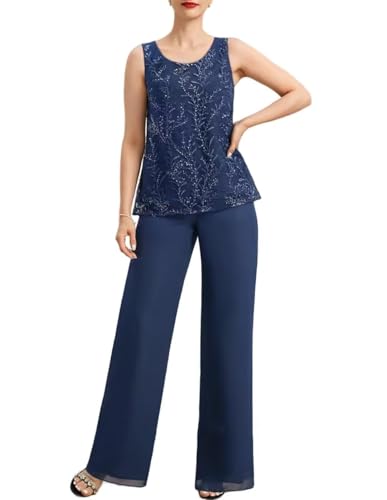 Chiffon Applique 3/4 Sleeve 3 Piece Mother of The Bride Pantsuits for Wedding Guest Formal Occasions with Jackets4