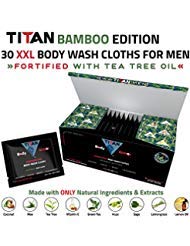 Titan Deodorizing Body Wash Cloths, 100% Bamboo Edition, 12”x12”, 30 Extra Large & Thick Individually Packaged Wipes, Fortified with Tea Tree Oil, Rinse Free Wipes for Hands, Face, Body and Manhood