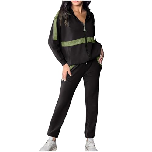 Womens Two Piece Color Block Tracksuit Lounge Zipper Hoodie Sweatshirt and Drawstring Pants Sweatpants Sweatsuit Set Black
