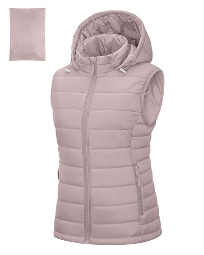 Outdoor Ventures Womens Puffer Gilet with Hood Packable Quilted Vest Padded Outwear Vest Bodywarmer Ladies Windproof Sleeveless Jacket for Golf Hiking Cycling Rose Pink M