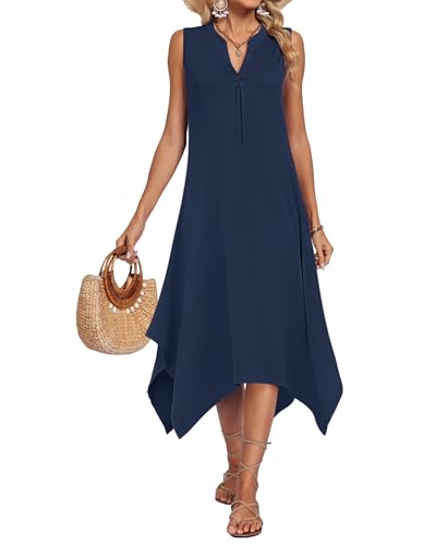 Image of AUSELILY Womens Summer Midi Dress V Neck Sleeveless Casual with Pockets | Flowy womens summer dress with asymmetrical hem, great for beach, vacation and daily wear