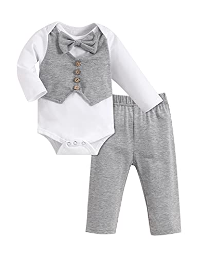 Image of Crazyme Newborn Baby Boy Clothes Gentleman Outfits Long Sleeve Romper Bowtie Tuxedo Suit