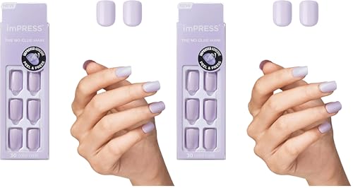 Image of KISS imPRESS No Glue Mani Press On Nails, Color, 'Picture Purplect', Violet, Short Size, Squoval Shape, Includes 30 Nails, Prep Pad, Instructions Sheet, 1 Manicure Stick, 1 Mini File (Pack of 2)
