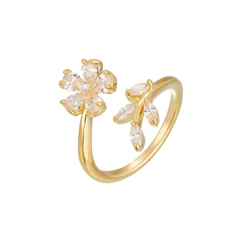 Kokoma Delicate Flower Leaf Wrap Finger Ring for Women Pink Cubic Zirconia Crystal Floral Statement Ring Promise Engagement Rings Adjustable Open Band (White)