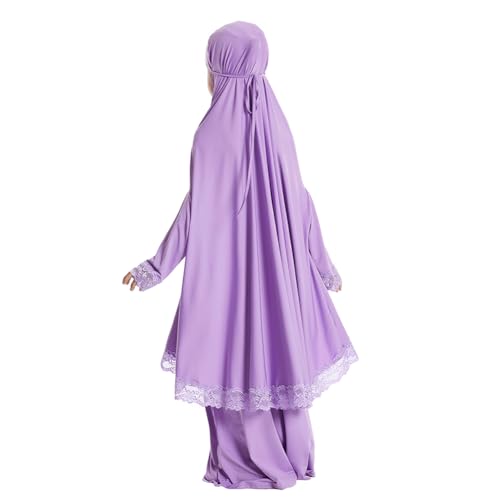 Image of Kids Girls Abaya Muslim Full Cover Lace Hijab Dress Kaftan Dubai Islamic Prayer Dress, 2pcs Set