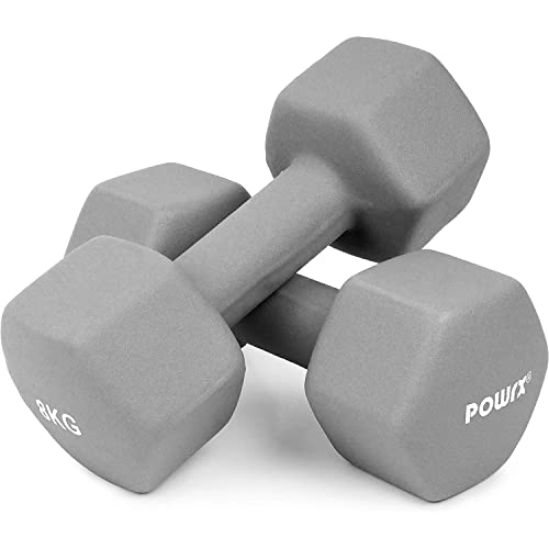POWRX Mancuernas hexagonales Neopreno 16 kg Set (2 x 8 kg) - Ideales para Ejercicios en casa y Gimnasio - Peso y Color a Elegir + PDF Workout (Gris Claro) Cover