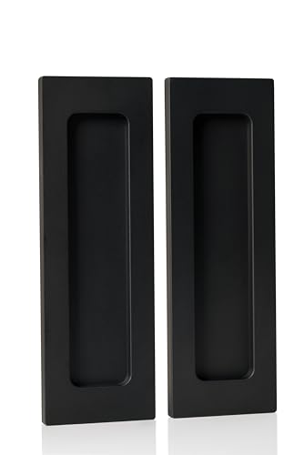 Adherion 6” Finger Flush Pulls for Closet Pocket | Sliding Barn Door Handle Set | Rectangular Plate Recessed Pull Handle | Matte Black | 3M Adhesive | 2 Pack