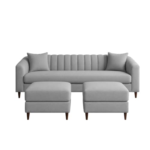 Image of Doraldo 3 Seater Sofa Set with 2 Ottoman for Living Room (Grey) Premium Fabric Sofa