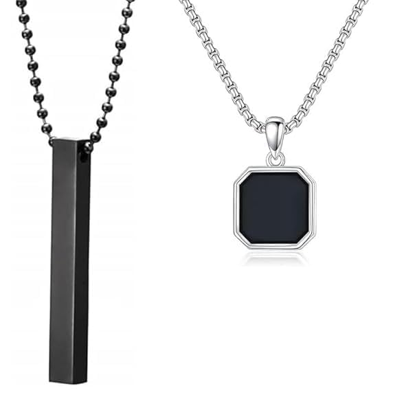 Image of Men's Jewellery Black Chain For Men Boys Geometric Stainless Steel Black Locket Pendant with 3D Chain combo pack of 2pcs gifts