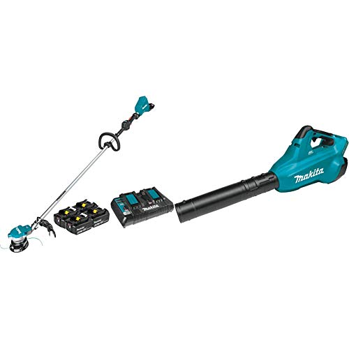 Makita XRU15PT1 Lithium-Ion Brushless Cordless (5.0Ah) 18V X2 (36V) LXT String Trimmer Kit with 4 Batteries, Teal & MAKITA USA INC XBU02Z 18V X2 LXT Blower Tool, Blue & Black