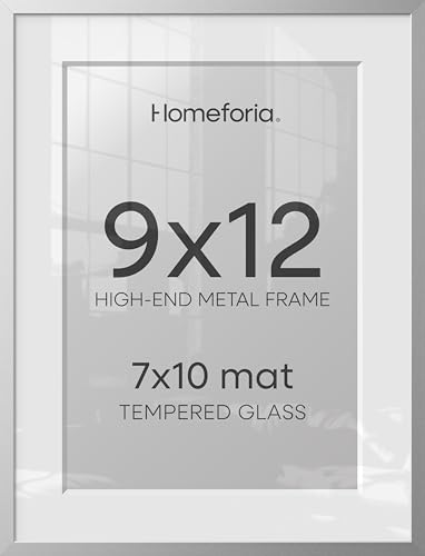 Image of Homeforia 9x12 Picture Frame Silver, High End Metal 9 x 12 Frames with Mat 7 by 10 inch Photo, 9by12 Poster Frame Matted to 7x10 Print, 12x9 Wall or Tabletop Frames, Tempered Glass, Wall Kit, Set of 2