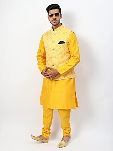 Image of Uri and MacKenzie Men's Silk Blend Regular Kurta Churidar Pyjama with Bundi Nehru Jacket /Waistcoat