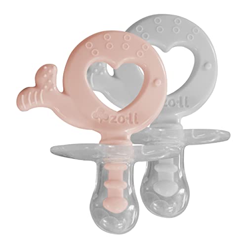 Image of ZoLi BinkiT Silicone Pacifier & Teether All in One | 2 Pack Orthodontic Pacifier and Baby Teething Accessory, Whale Handle Shape, 0-6 Months - Blush /Ash Grey