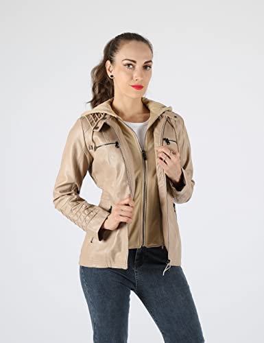 Tanming Women's Womens Hooded Faux Leather Jackets (X-Small, Apricot) #TOP2