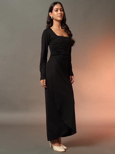 Image of Trend Arrest.ed Women's Bodycon Midi Dress | Square Neck Wrap Style | Stretchable | Full Sleeve Fitted Dress for Party, Evening, Casual Outings & Date Night