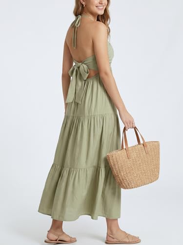 Image of Women's Casual Halter Tiered Vacation Maxi Dress with Pockets