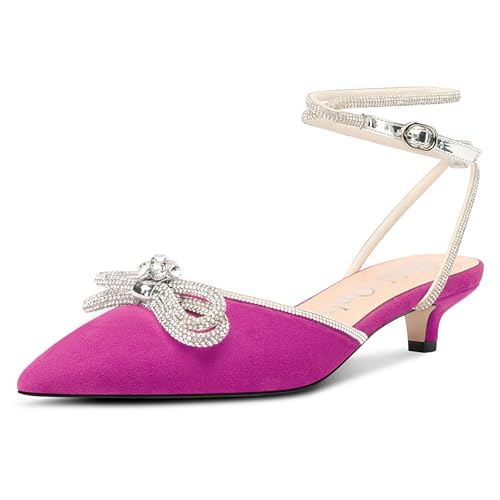 NobleOnly Mujer Diamante Nudo Arco Pumps Gatito Heel Cerrado el Dedo del pie Puntiaguada Punta Correa Tobillo Pumps de Boda Dress Zapatos 3.5 CM Heels Fucsia 40 EU
