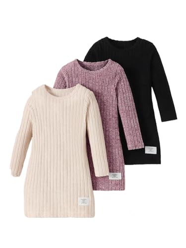 BekeBig Girls Sweater Dresses 3 Packs Long Sleeve Kid Ribbed Knit Casual Dress Pullover Solid Fall Winter Dress for 8-12Y (10 Years)