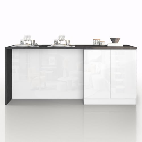 WHOUS Isola Cucina SOLE con 4 Ante, Tavolo da Pranzo e Piano di Lavoro, Ideale per Open Space e Spazi Ridotti, 200x90x90 cm, Bianco Lucido e Report
