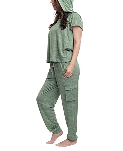 Hanes Women's Short Sleeve Top And Jogger Pant Cargo Pajama Sleep Set With Pockets, Heather Green, L #TOP3