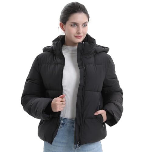 PUFFIT Women's Cropped Puffer Jackets,Warm Winter Jacket with Removable Hood,Zipped Pockets,Short Ladies Quilted Coat3