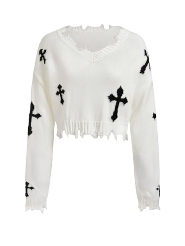 Floerns Women's Graphic Print Long Sleeve Distressed Trim V Neck Sweaters Crop Top