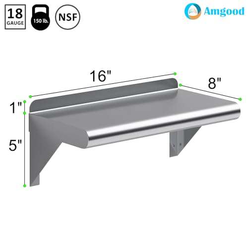 Image of AmGood 16 inch Long X 8 inch Deep Stainless Steel Wall Shelf | NSF Certified | Appliance & Equipment Metal Shelving | Kitchen, Restaurant, Garage, Laundry, Utility Room