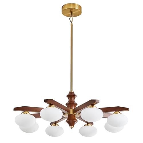 Image of 8-Light Chandelier, Mid Century Gold Chandelier with Milk Glass Shades, Wood Dining Room Light Fixture