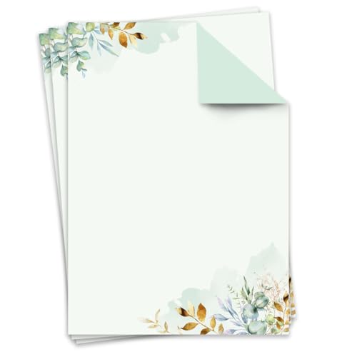 You0137 - Papel de carta (50 hojas, 90 g/m², DIN A4, papel para escribir elegante, verde, certificado de cumpleaños, boda, menú)