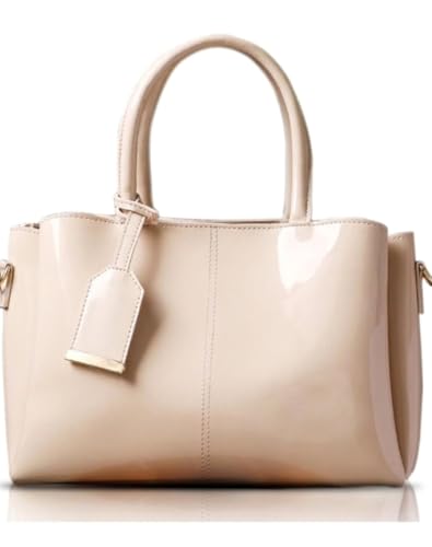 Image of Women's Top Handle Bag | Hand Held bag | Stylish Patent Synthetic Leather Handbag with Dual Handles & Detachable Sling Strap | Beige Shoulder Purse for Work & Casual Outings