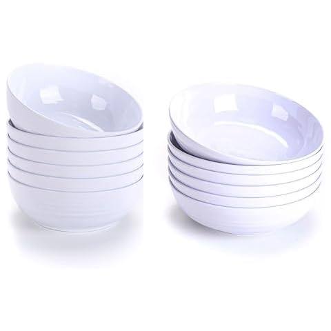 MIYOPESI White Melamine Dinnerware Bundle - 7-inch Bowls (Set of 6) and 8-inch Bowls (Set of 6) Cover