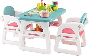 Nightcore Baby Table & Chair Three-Piece Set, Plastic Activity Table with Storage Shelf, Use for Children Reading, Painting, Writing, Entertainment