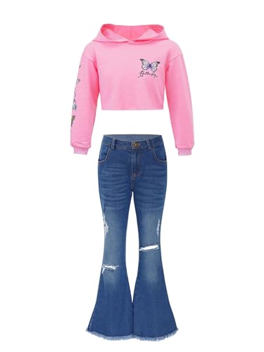 easyforever Kids Girls Butterfly Printed Hoodie Sweatshirts with Wide Leg Flare Jeans Ripped Bell Bottom Denim Pants