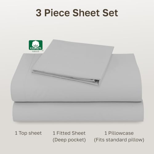 Image of California Design Den Twin Bed Sheets Set - Natural 100% Cotton Sheets with 12 inch Pockets, Soft Sateen Weave, Breathable and Durable Bedding Set for Dorm Rooms, College (Light Grey)