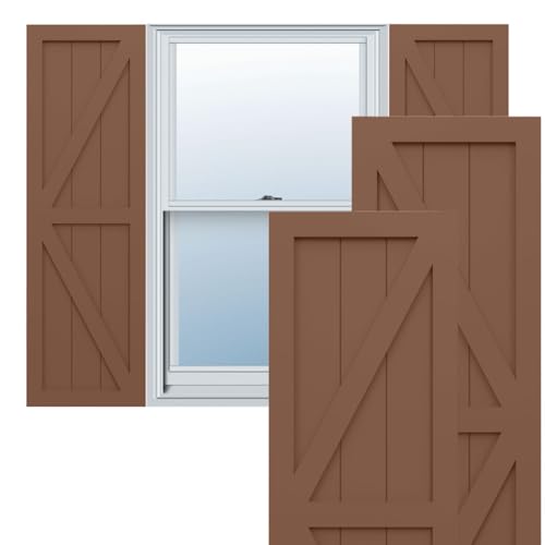 18"W x 80"H True Fit PVC Two Equal Panel Farmhouse Fixed Mount Shutters w/Z-Bar, Burnt Toffee (Per Pair - Hardware Not Included)