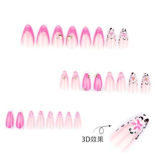 Image of Flower Press on Nails Pink French Tip Fake Nails Medium Almond Glue on Nails with Ocean Shell Design Glossy False Nail Artificial Acrylic Full Cover Summer Stick on Nail for Women Manicure 24Pcs