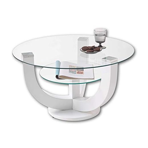 Stella Trading DENVER Glas soffbord runt i högglans vitt – snyggt glasbord med hylla och böjd ram för ditt vardagsrum – 80 x 40 x 80 cm (B/H/T)